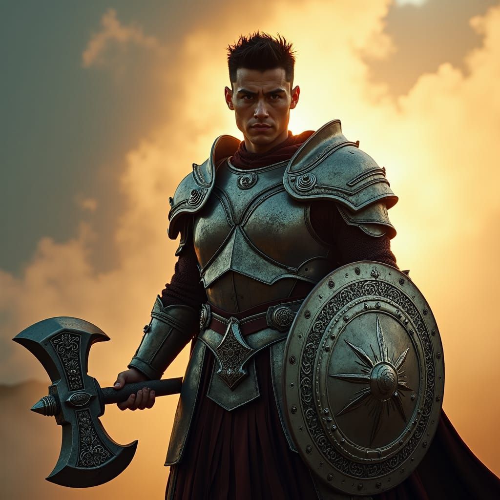 Young paladin man. Warhammer in right hand. Shield made of thorns and brambles in left hand