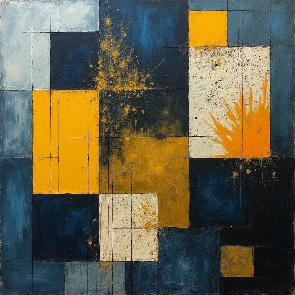 Moku Hanga-inspired of rainbow peonies over a patchwork patterned background