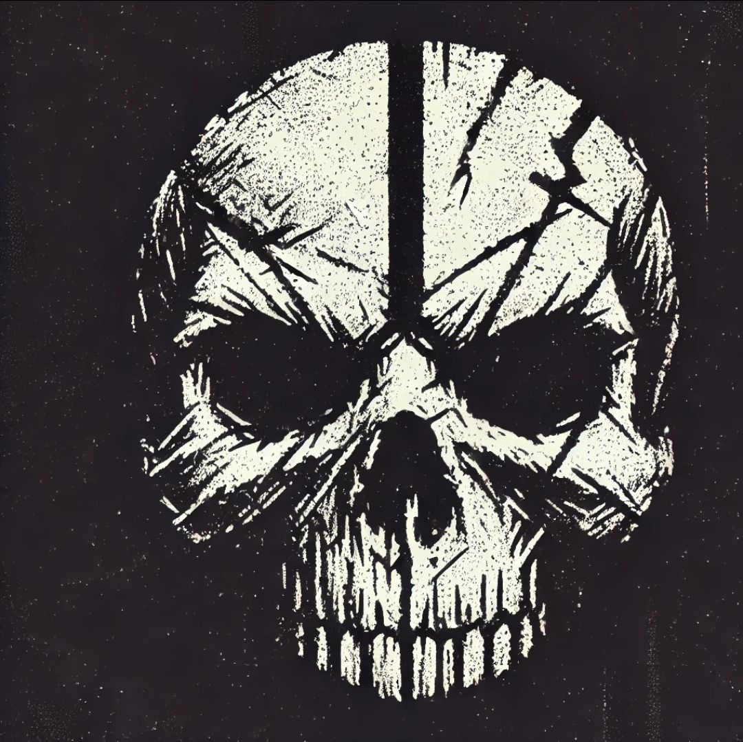 The skull should have rough, chaotic lines with subtle cracks and imperfections, giving it a rugged, hand-drawn look. The style should evok...