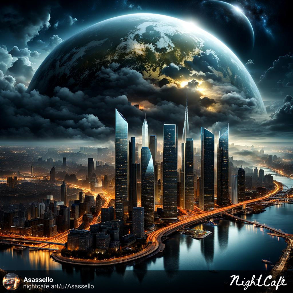 NA HORYZONCIE MIASTO PRZYSZŁOŚCI ,SŁOŃCE ZACHODZI, NA NEBIE WIDAĆ ZŁOTĄ PLANETE Z PIERŚCIENIEM OGNIA, NAD MIASTEM ŚWIECI FIOLETOWO-ZŁOTY ŁUK