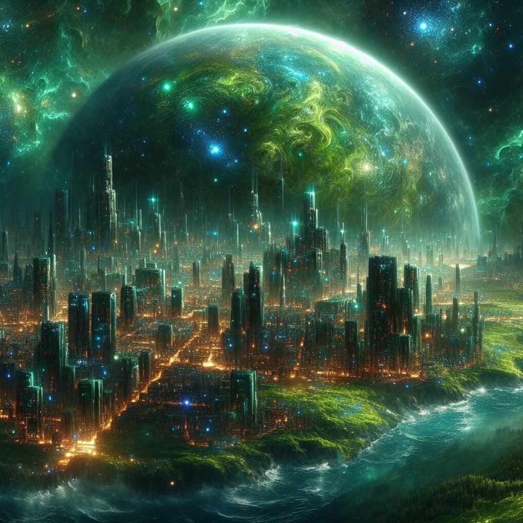 , BŁYSKAWICE NA NIEBIE, MIASTO WSROD CHMUR, FIOLET I BŁEKIT ORAZ PURPURA ,SZMARAGD