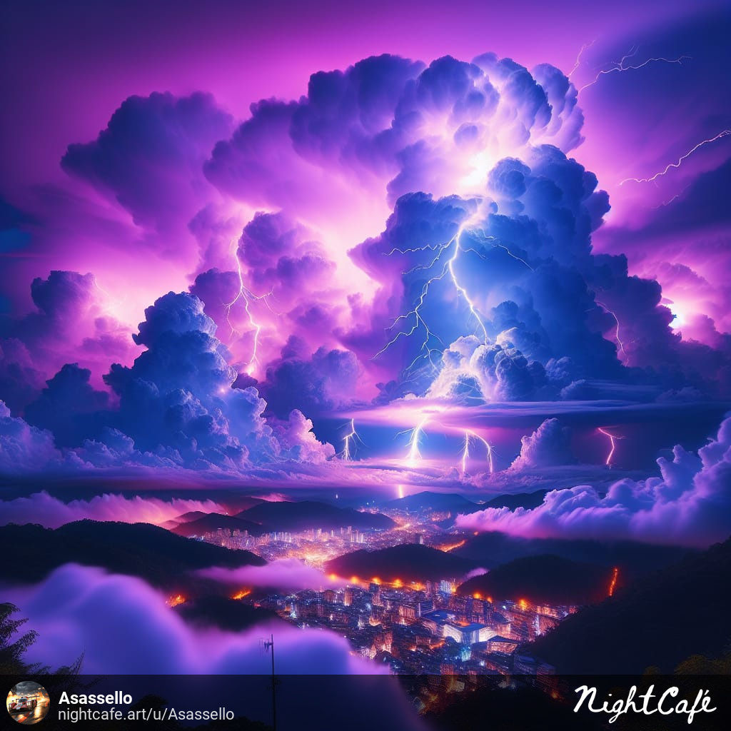 futurystyczne miasto przyszłości w chmurach, wokól burza, pojazdy przyszłosci , w tle złota planeta z pierscieniami