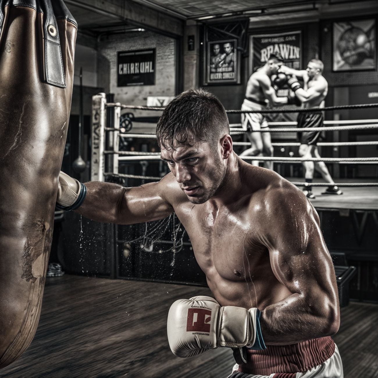 image représentant un boxeur qui s'entraîne sur un sac de frappe dans une vieille salle de boxe, avec des posters au mur et un ring en arrière-plan.