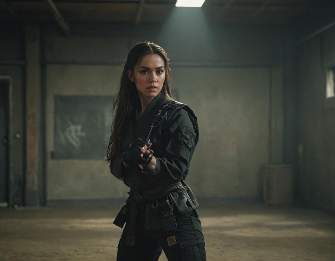 Cinematic film still. Medium shot. Female with long dark brown hair, light skin, dark eyebrows, in a dark paramilitary stealth outfit, stand...