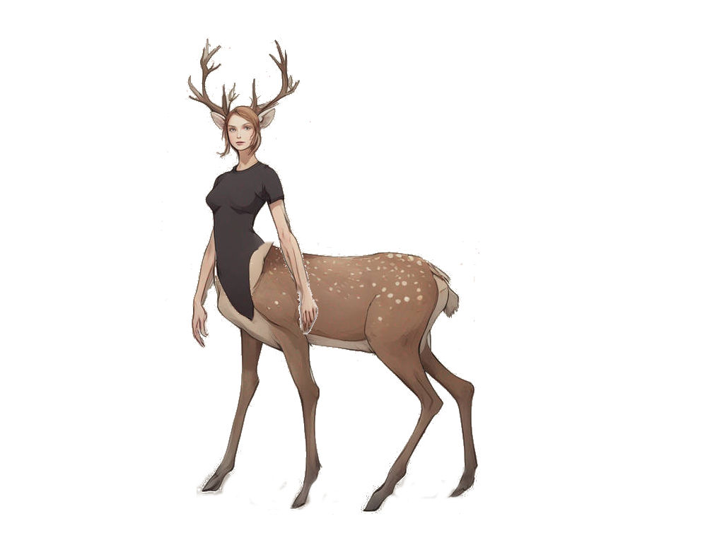 Create one female deertaur, blonde hair, wearing tight crop top, visible navel.
Pose:  standing
Background: autumn, forest clearing.
Style:...