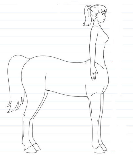 female centaur, dancing on a meadow, red hair, tattered torn top on her upper torso, visible navel. beige colored fur on lower body, backgro...