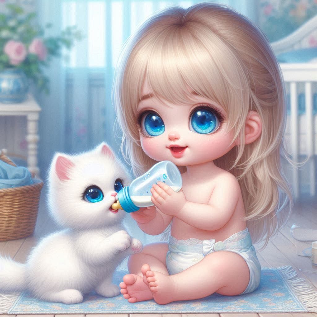 Airbrushed, oil painting of Chibi baby with blond hair and large blue eyes, smiling, wearing a diaper sitting on the floor and sharing her b...