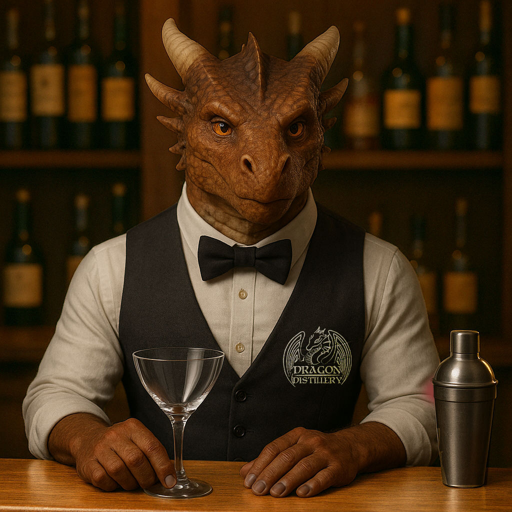 A dragon bartender mixes a drink, and pours it into a glass. The camera slowly zooms in on the finished cocktail