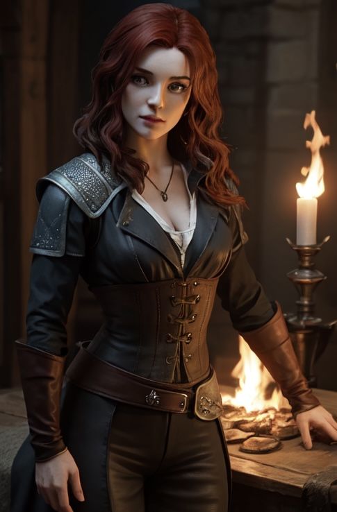 Myrcella Baratheon with long black hair tied back into a pleated braid. With bright blue eyes. Wearing a dark blue leather top with silver s...