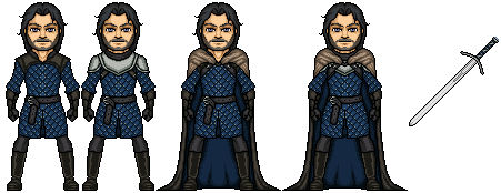 Concept art design of Jon Snow, dressed in blue dyed boiled leather armour with steel plate over his upper chest and shoulders. With an imag...