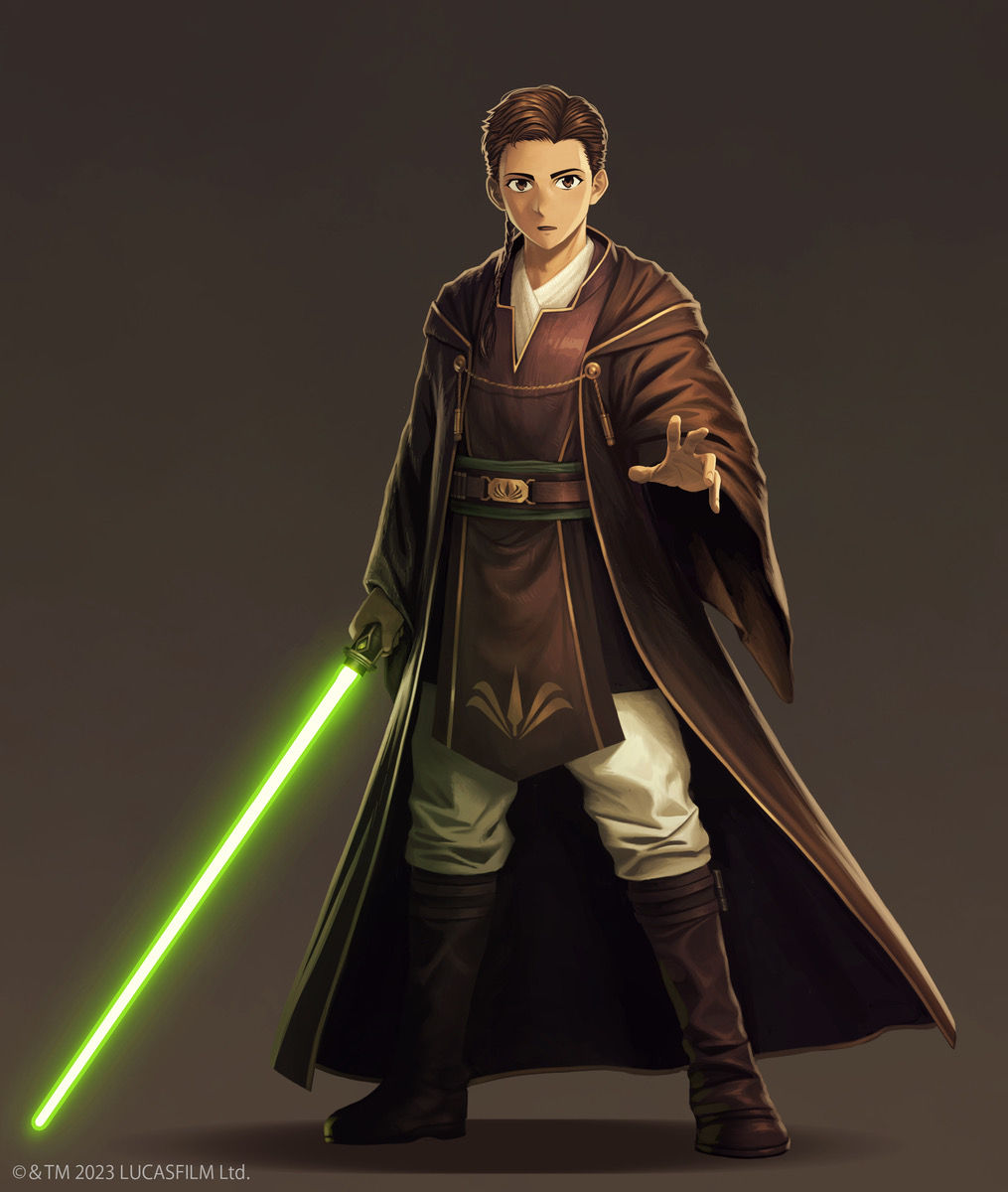 A Young Luke Skywalker with pale brown hair in an undercut style, with blue eyes. Dressed in gray Jedi robes, with blue down either side of...