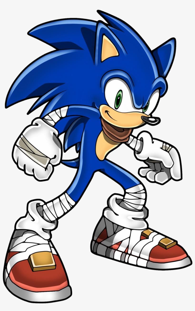 Sonic The Hedgehog, dressed in the style of Sora from Kingdom Hearts. Wearing black and blue clothes. Holding a glowing gold and blue Keybla...