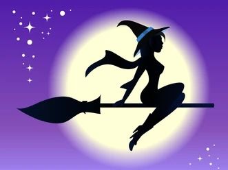 The Dark Magician Girl from Yu-Gi-Oh, riding a broom in front of a full moon, glowing with pink and purple magic. 