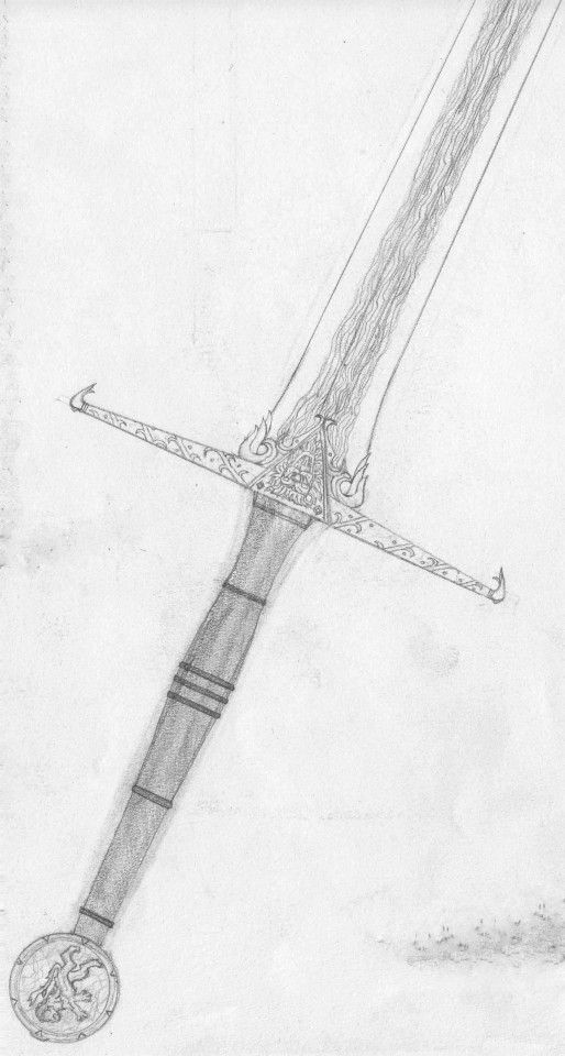 Sword of Gryffindor, silver crossguard, with a red leather wrapped handle and silver pommel with a ruby imbedded in it. The blade is polishe...