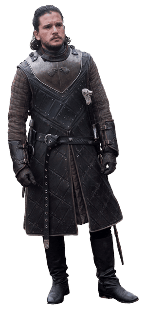 Daniel Radcliffe dressed as Jon Snow with short black hair and green eyes. Wearing black armor and arm guards with red trim, over a red colo...
