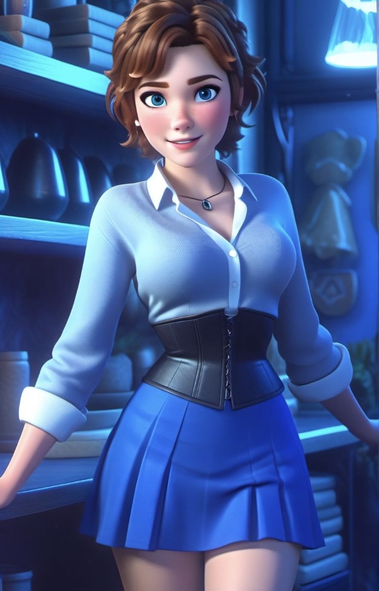 Woman with pale brown hair and glowing blue eyes, wearing a black leather tunic with silver plate-mail under it, with tan cotton pants and b...