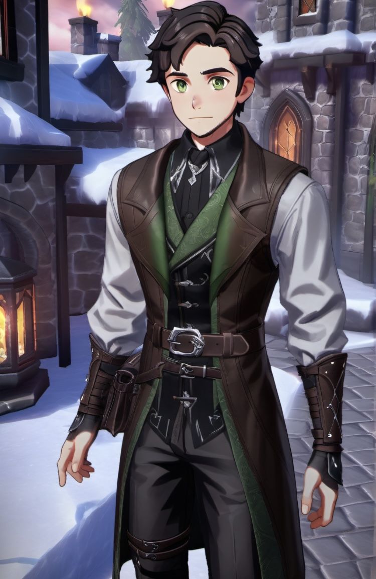 Young man in his early 20s with auburn hair and green eyes, as a member of the Night’s Watch from Game of Thrones, wearing dark leather armo...