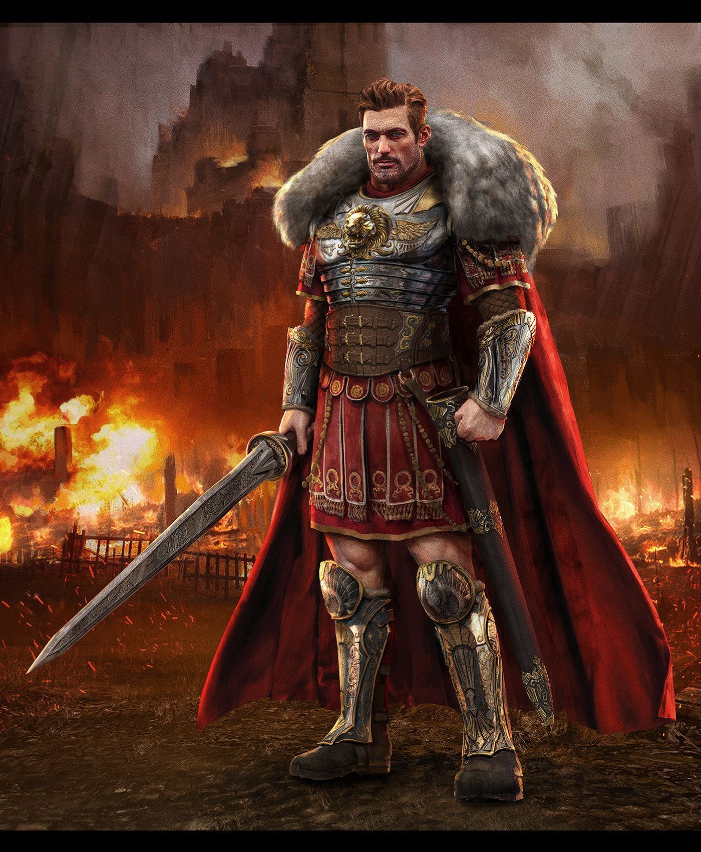 Daniel Radcliffe dressed in Roman stye white armor with gold filigree across the chest. Wearing a cloak with a fur collar trim. Holding a sw...