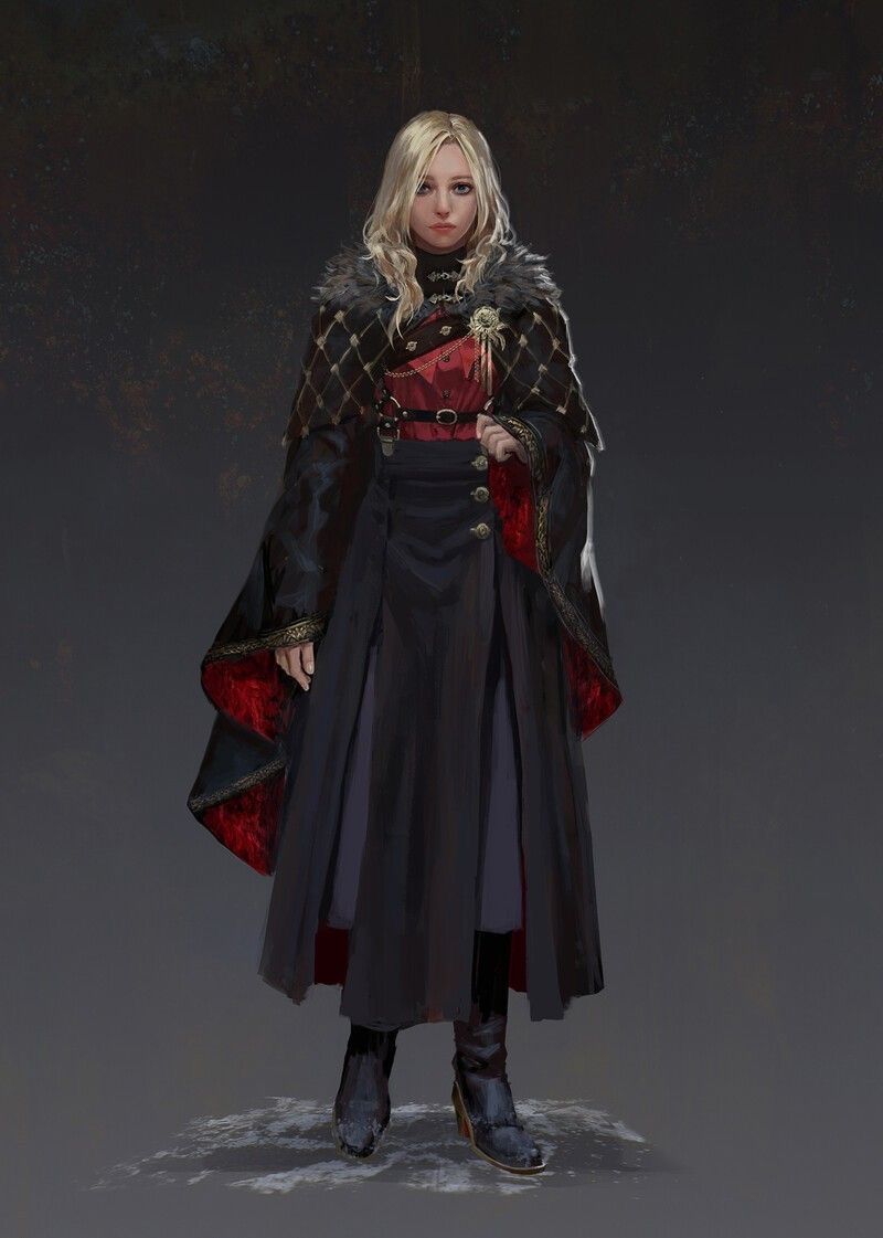 Fleur Delacour, dressed as Daenerys Targaryen, wearing a black dress with dark blue corset and accenting, with a cape with a fur trim. Stand...