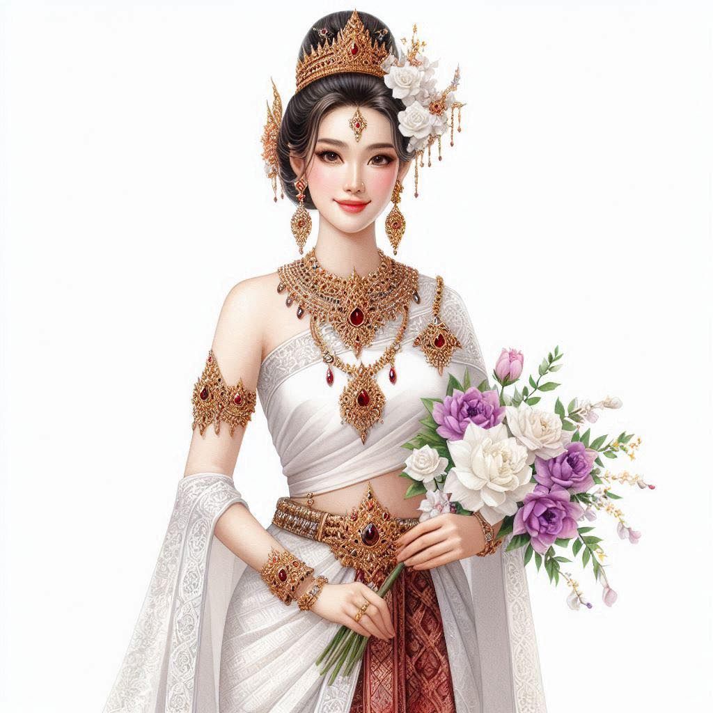 a woman in a white dress holding a bouquet of flowers, a digital rendering, inspired by Lan Ying, sukhothai costume, wearing a diamond crown...