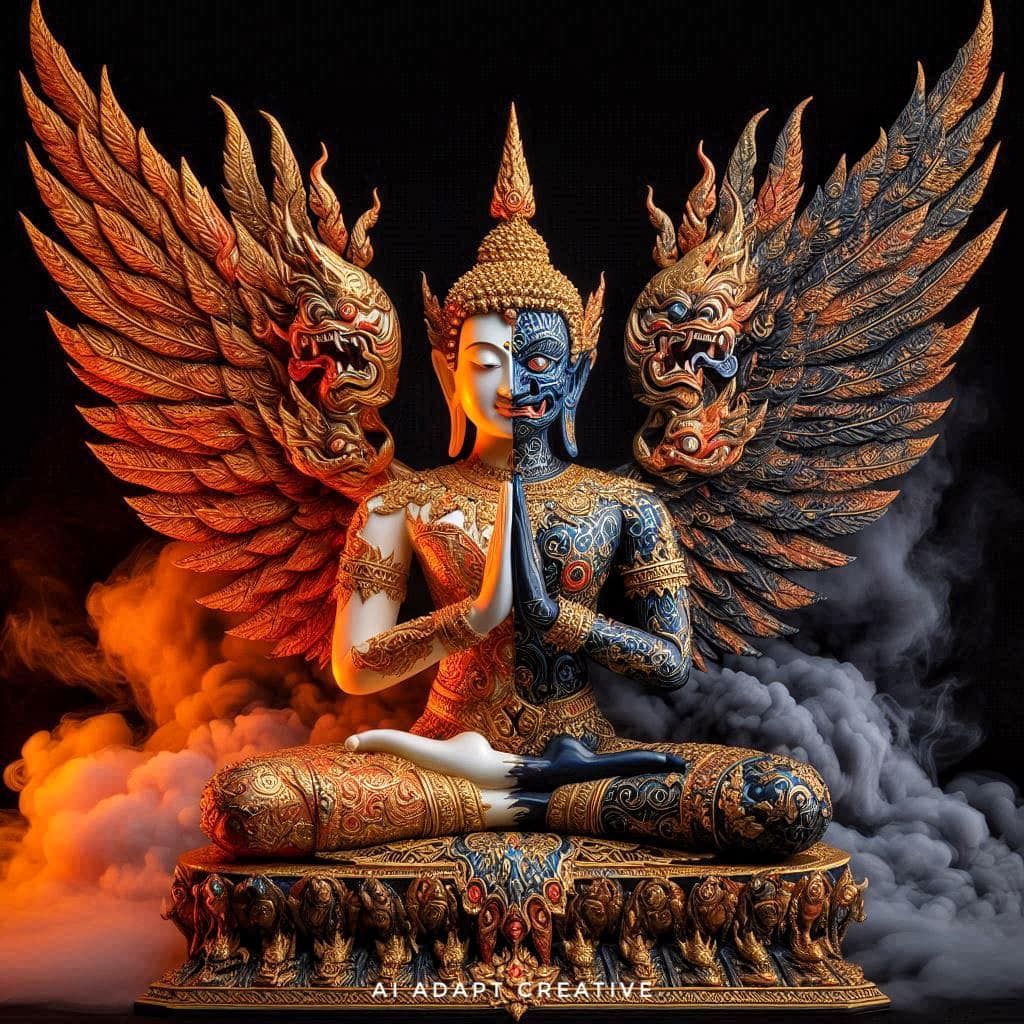 Concept (figure) full body of a Buddha and half body is a Devil, Wide angel A Surreal of a Buddha and half body is a Devil, Buddha decorated...