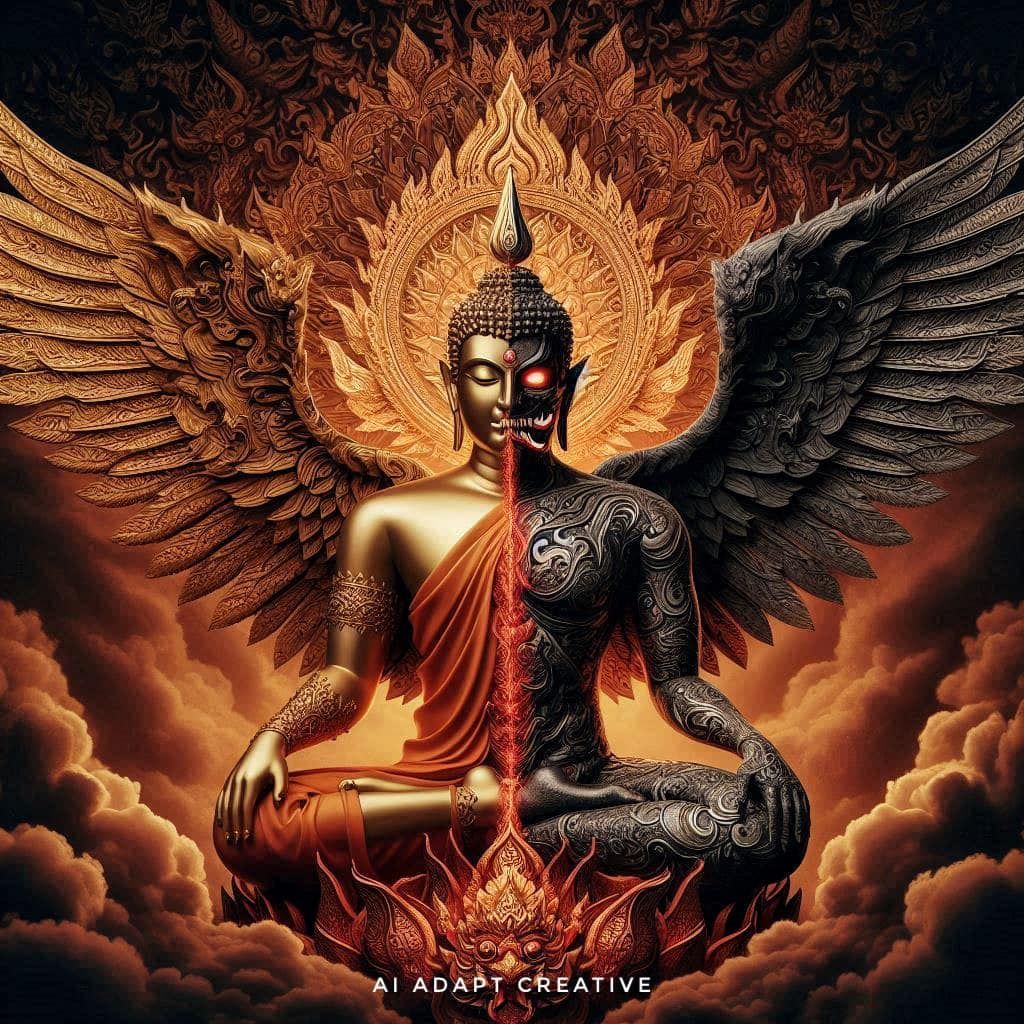 Concept (figure) full body of a Buddha and half body is a Devil, Wide angel A Surreal of a Buddha and half body is a Devil, Buddha decorated...