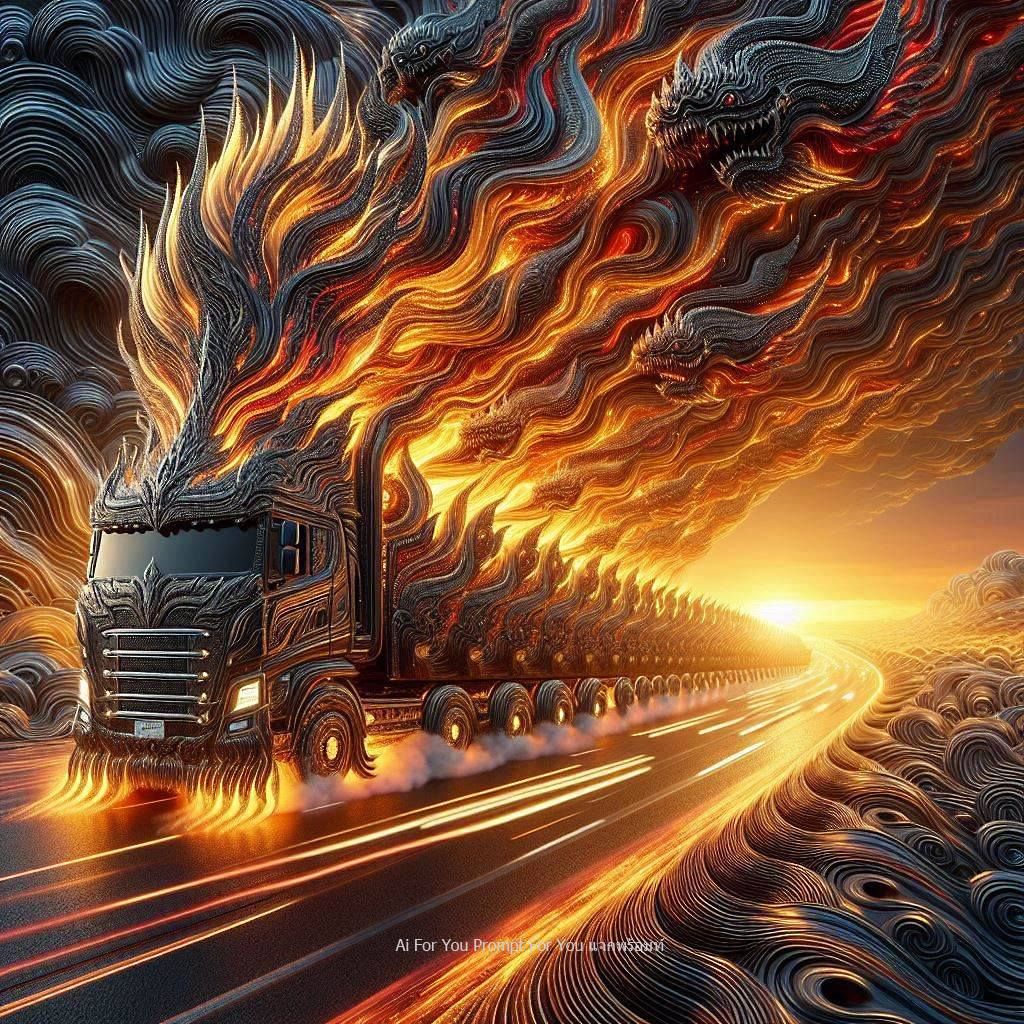 Full wide angle landscape image, realistic Big truck cg, grand and .It is a embossed Thai 
pattern of iron armor and Thai-style steel armor....
