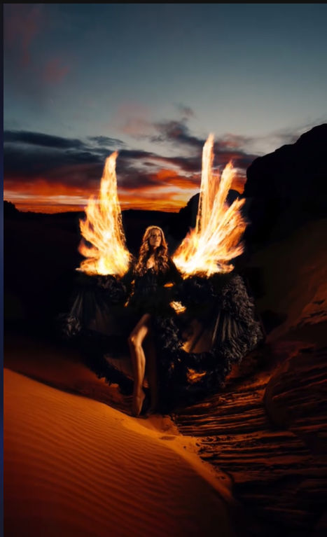 A hyperrealistic image of a woman in the desert with wings of fire standing in the night