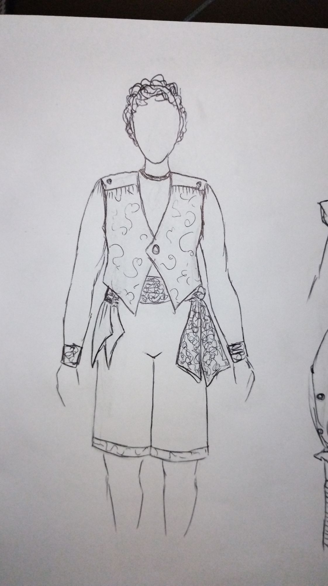 Hyper realistic image of a child wearing circus clothes in shades of orange, purple and green. carries two knives on his waist, scarf tied....