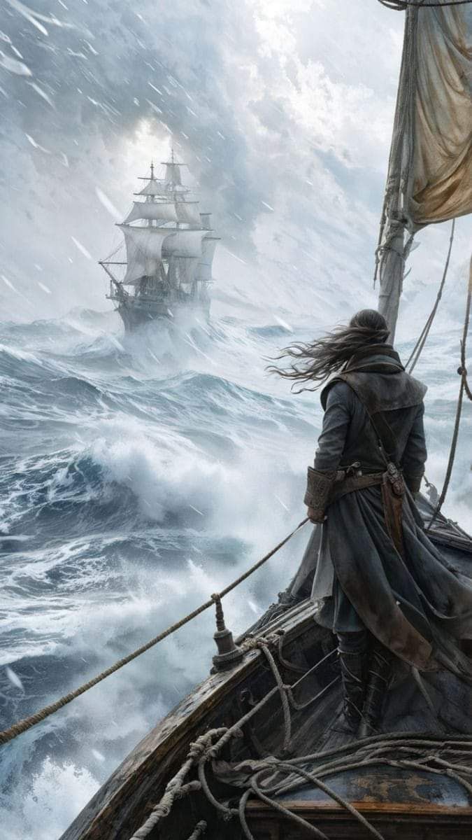 A dramatic oil painting of a man with long hair and a thick cloak standing in the sea, in front of a large ship, as another ship struggles a...