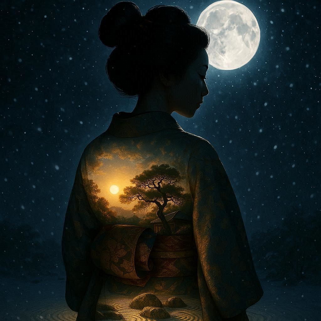 high-definition, 4k resolution, hyperrealistic depiction of a kimono-clad geisha in silhouette, set against a dramatic, snowy nighttime back...