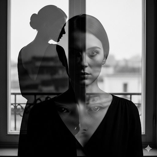 <lora:divineOil:1.0> Arafed woman in a black dress standing in front of a window, mysterious woman, mysterious portrait of a woman, female i...