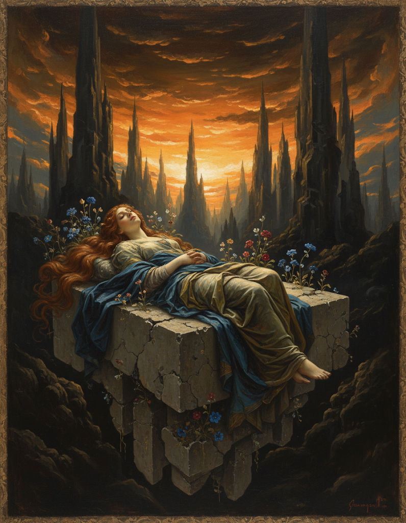 Textures As if painted by Rossetti and Caravaggio: surreal scene depicting a serene figure draped in flowing, mut...