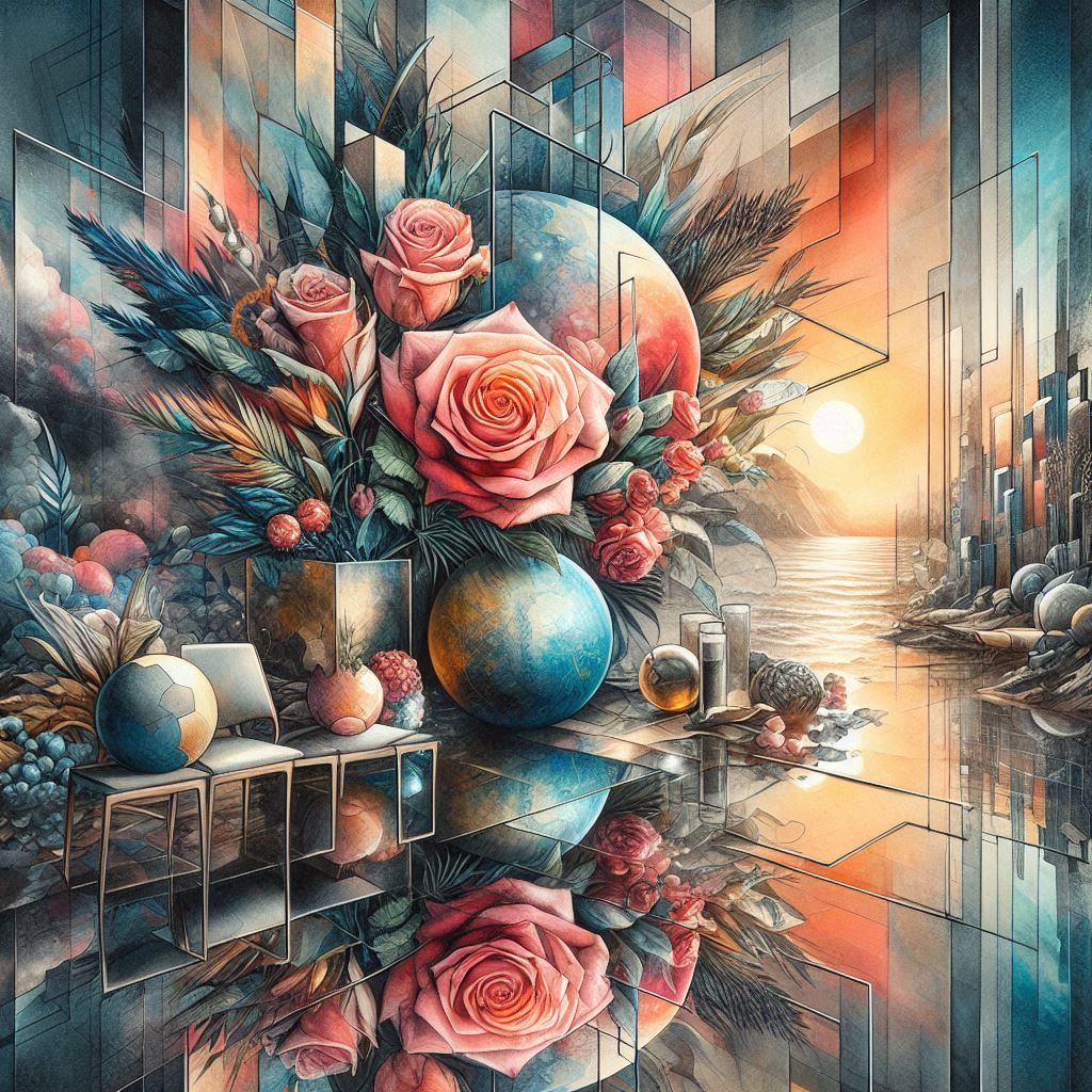   <lora:Exquisite Flux:1.0> Magical lighting  beautiful insanely intricate watercolor illustration of modern stil life with roses, reflectio...