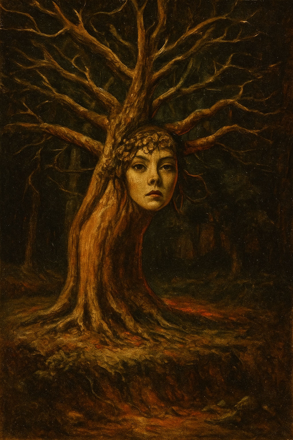 A surreal representation of a woman's face emerging from the gnarled bark of a tree, symbolizing nature's intertwin...