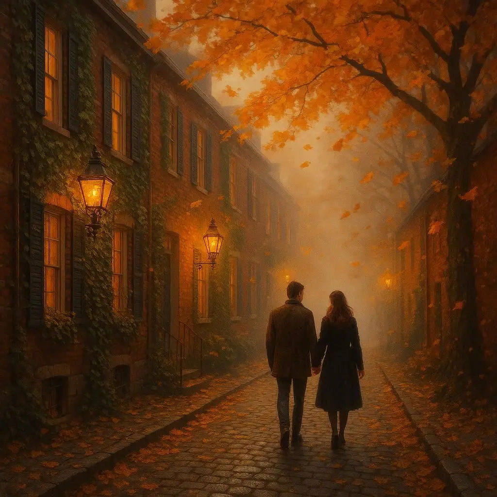 A romantic stroll down an enchanting, cobbled street lined with ivy-covered brick ho...