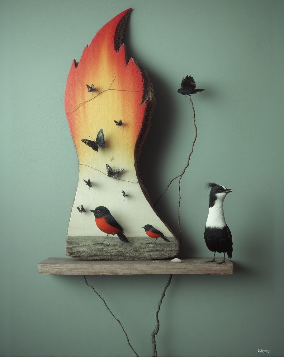  large aged wood panel on a shelf, flame shape, side angle, cracks + holes, butterflies + la...