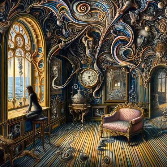 "art by dali woman alone in surreal room hyperdetailed surrealism oil on canvas mysterious mysterious