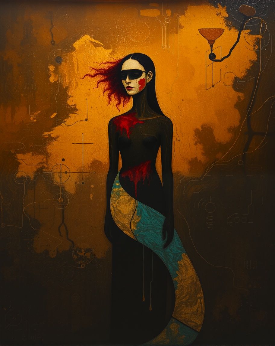 <lora:divineOil:1.0> An abstract painting featuring a figure composed of large, bold shapes and colors. The background is a subtle mix of wa...