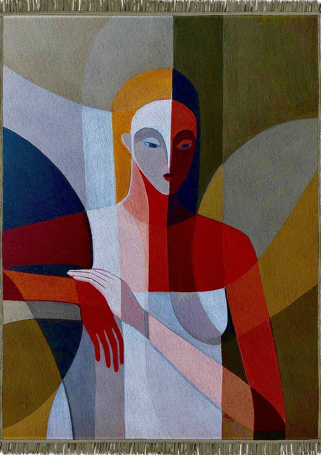An abstract painting featuring a figure composed of large, bold shapes and colors. The background is a subtle mix of warm browns, creams, an...