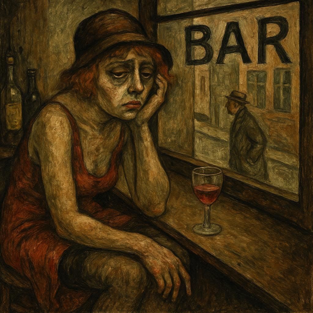 lonely fallen woman from 1920s Berlin sits by a small bar window, in the style of George Grosz and Otto Dix