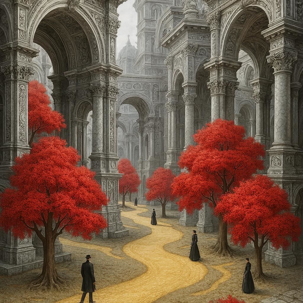 <lora:Flux Vivid Visions:1.0> Hyperrealistic Surrealistic landscape of red trees and golden paths in the middle, people walking around, with...
