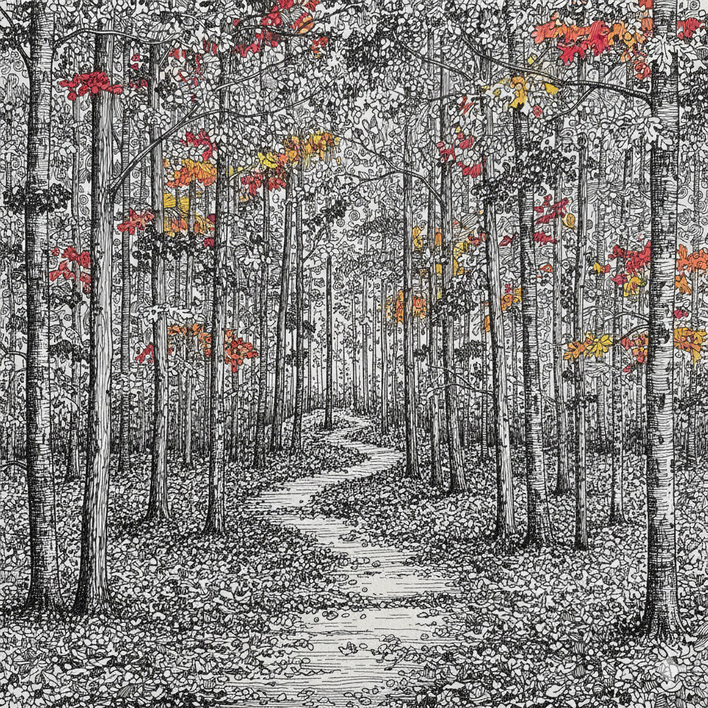 

A dense forest in the autumn season. The scene is filled with a mix of vibrant fall...