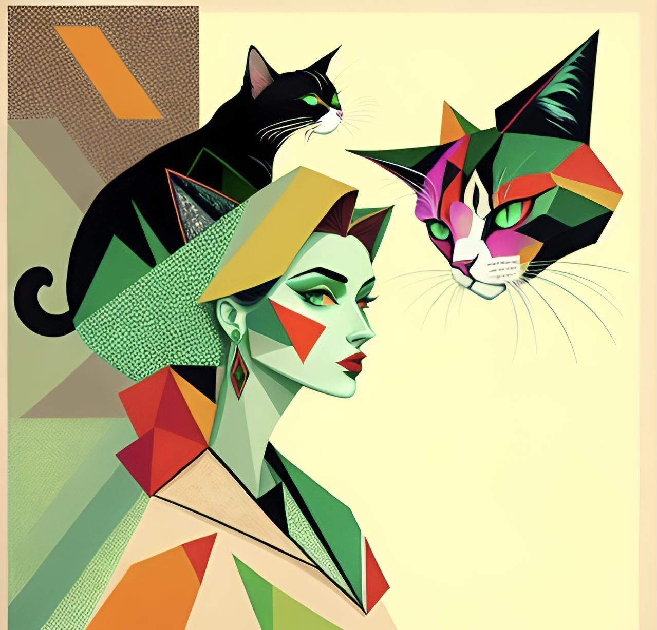 <lora:TexturedGeoFloraFlux:1.0> A colorful abstract painting featuring a stylized woman with almond-shaped green eyes and bold, red lips. Sh...