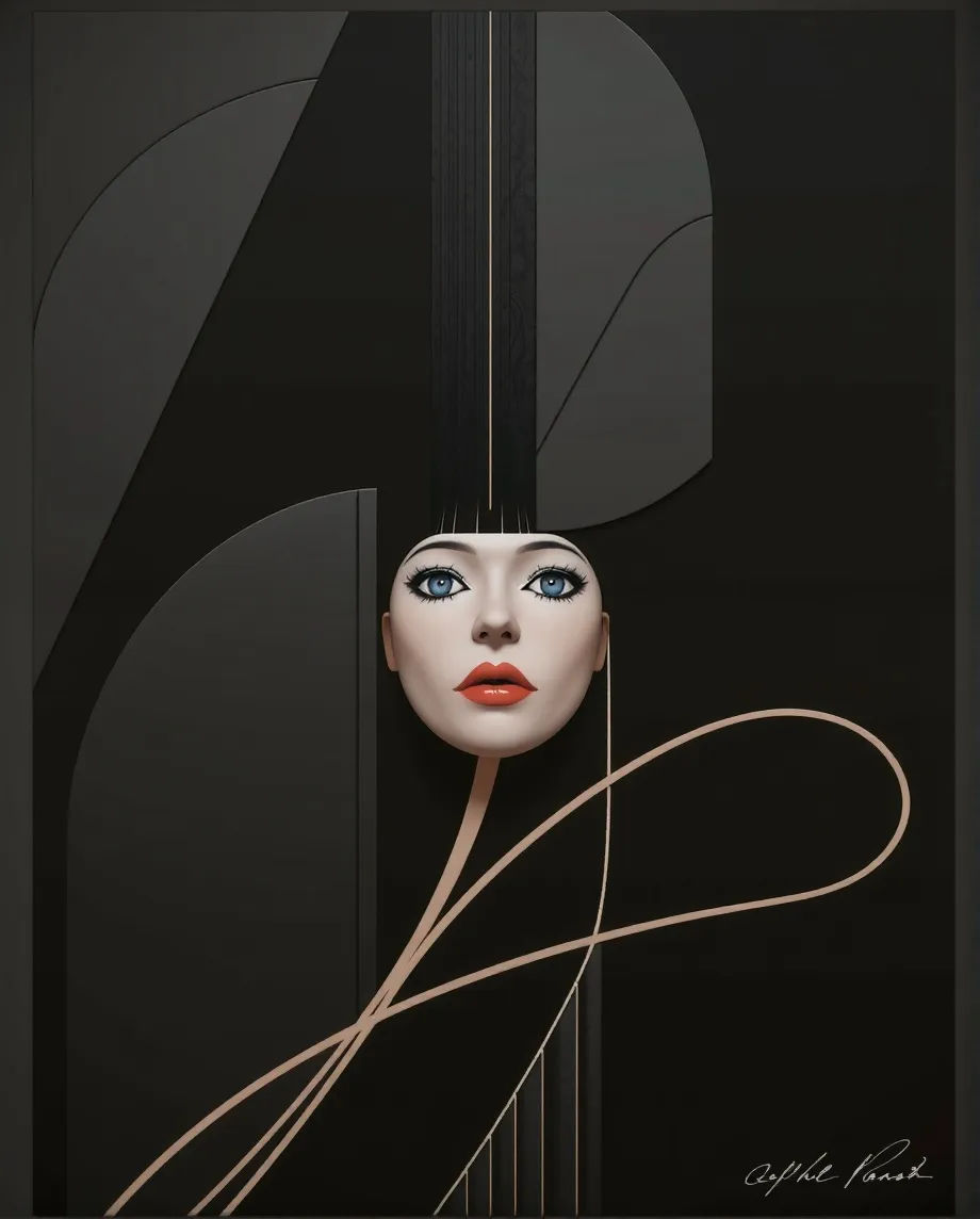 Depict a beautiful woman caught in the moment of artistic creation—part of her fully rendered in lifelike detail, while the rest of her figu...