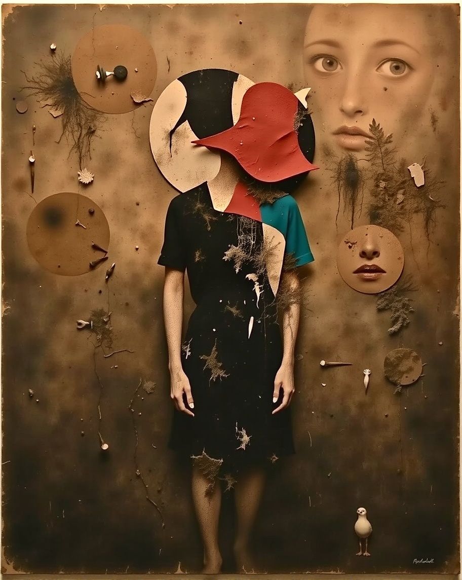 
An abstract painting featuring a figure composed of large, bold shapes and colors. The background is a s...