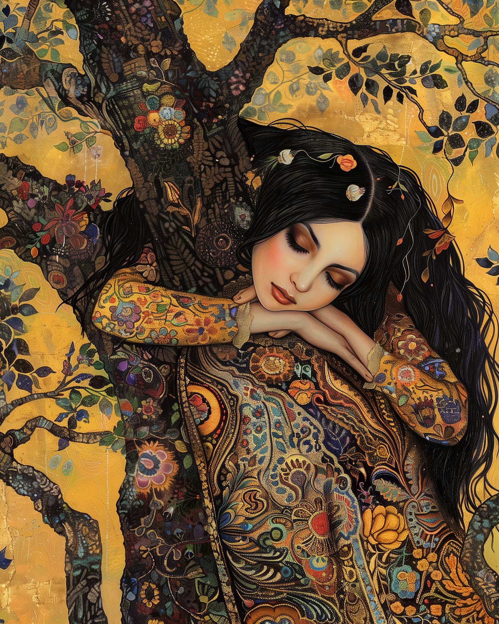  <lora:divineOil:1.0> An intricate depiction of a woman entwined with a detailed tree, showcasing a harmonious blend of vibrant colors. The ...