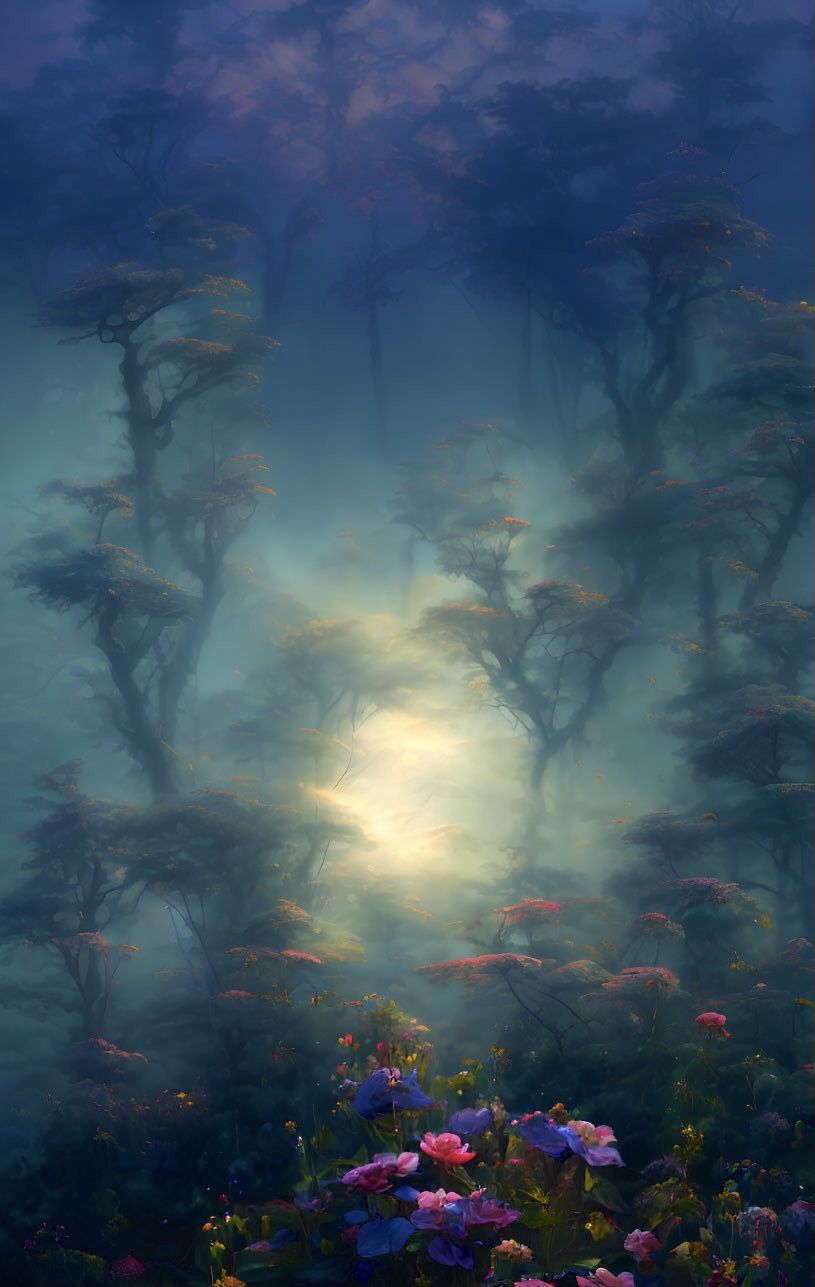 A mystical forest scene enveloped in ethereal fog, with tall, shadowy trees creating a layered, soft focus effect. The foreground is adorned...