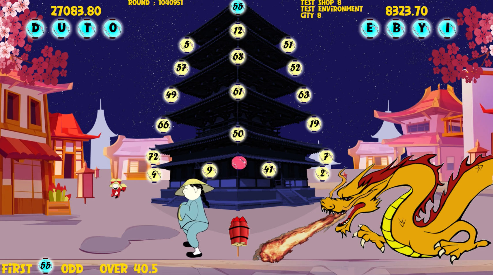 Chinese lighting fireworks in Chinese village with dragon flying above