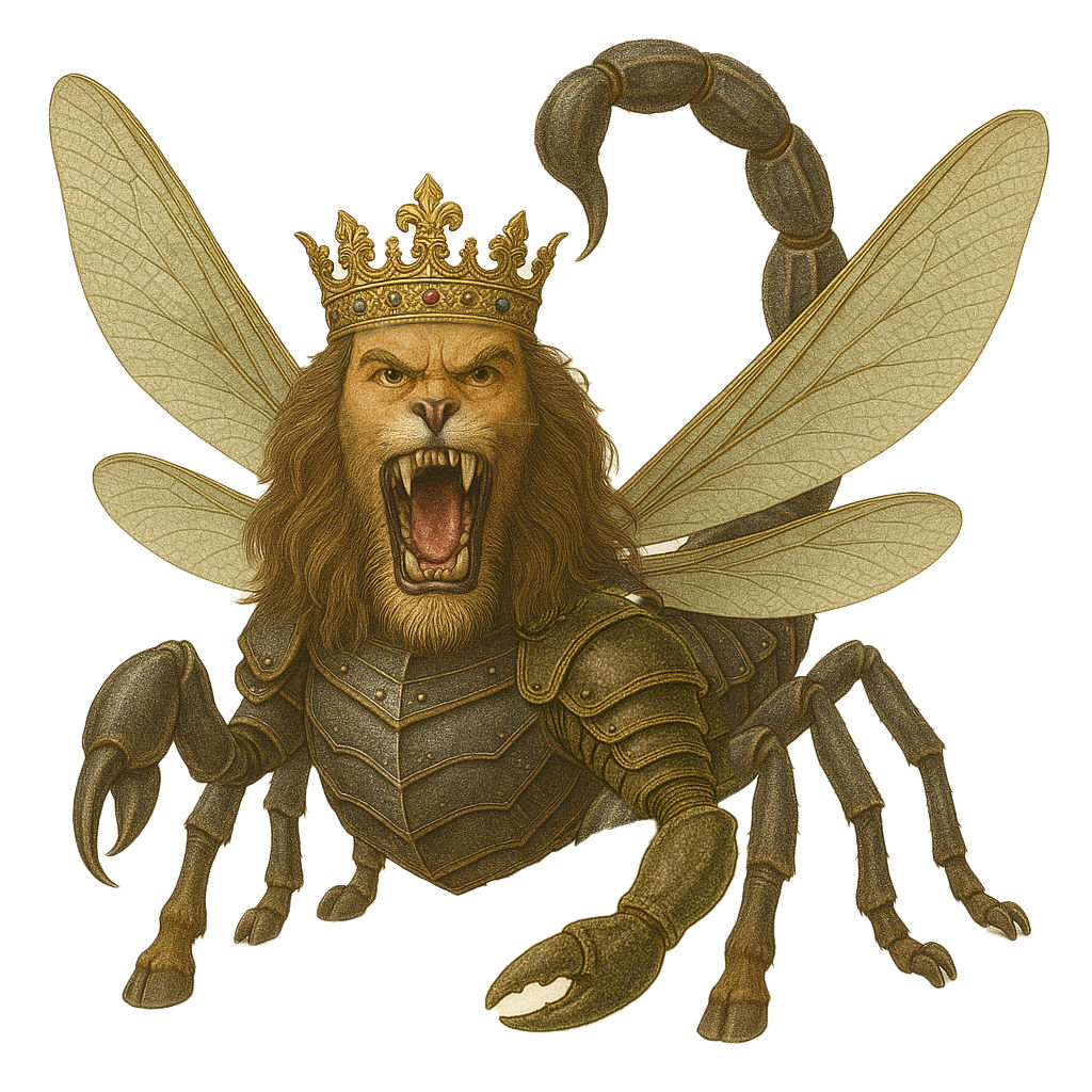 scorpion with the legs of a horse and the wings of a grass hopper.  It has armor on it's belly.  The head and face looks like a man with lon...